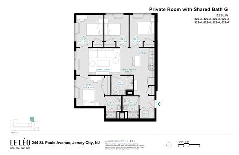 Floor plan for 1 bed, 1 bath, 102 sqft